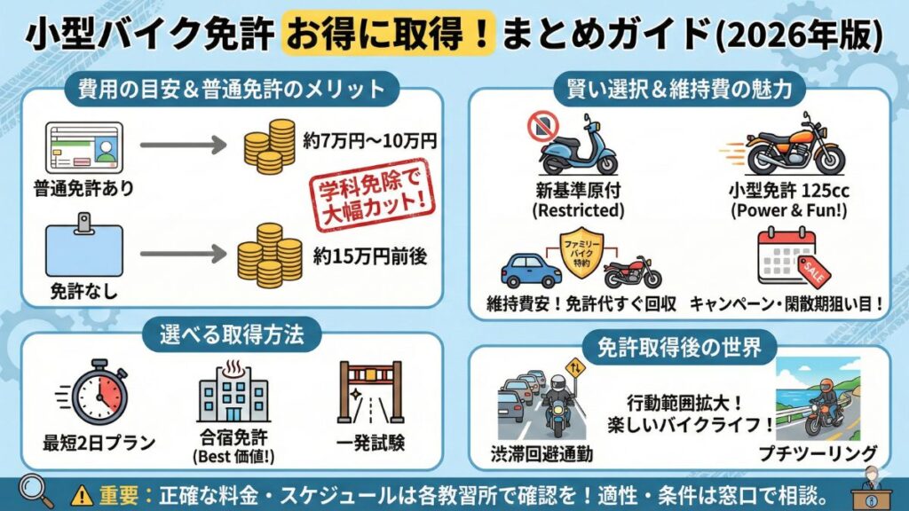 小型バイクの免許費用を抑えて取得するためのまとめ