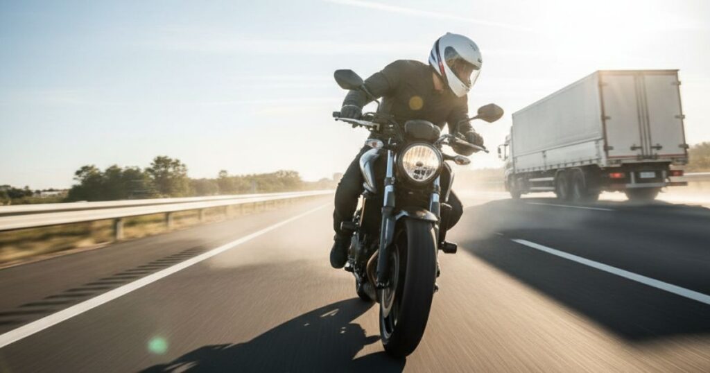 高速道路を走行中のバイクとトラック。