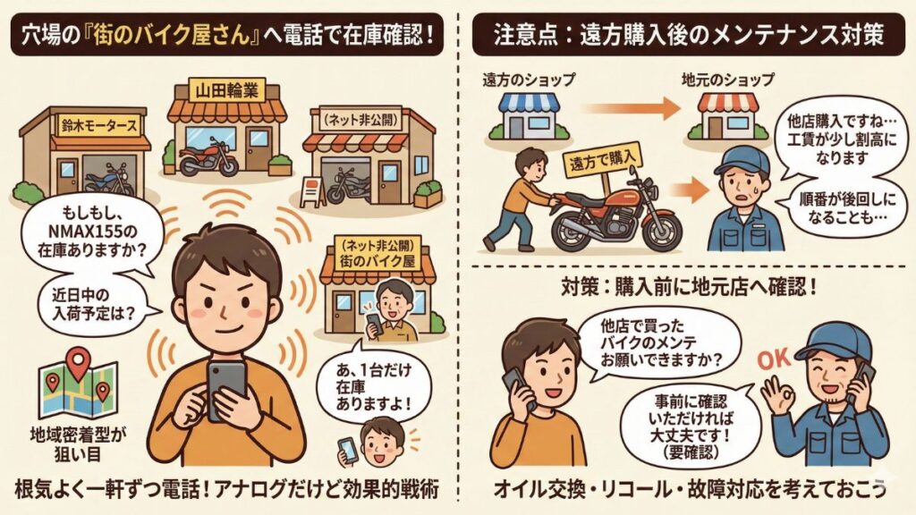 遠方のバイクショップへ電話確認で在庫を探す