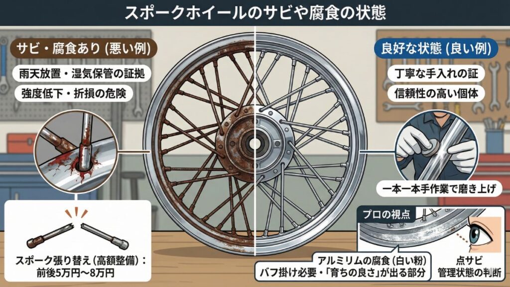 スポークホイールのサビや腐食の状態