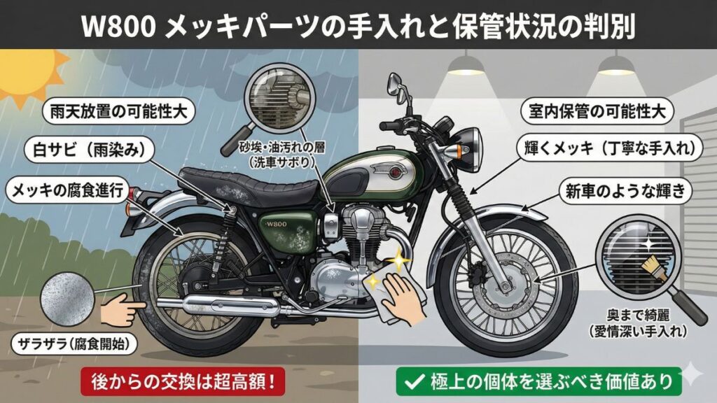 メッキパーツの手入れと保管状況の判別