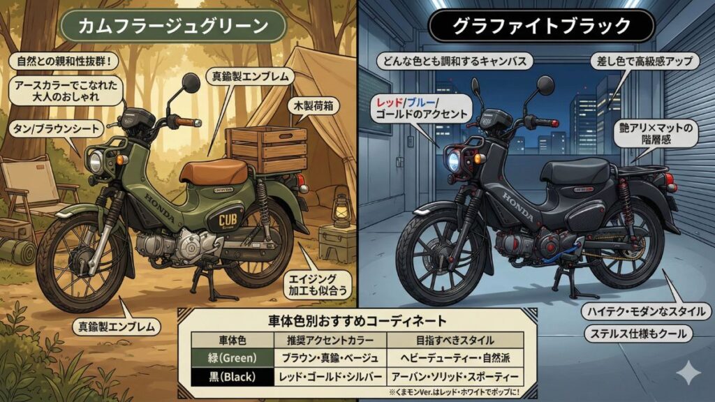 緑や黒の車体色に合わせた最適なコーディネート