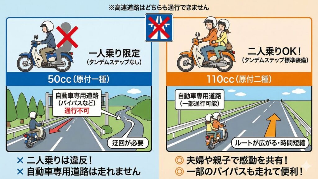 二人乗りや走行可能道路の制限に関する違い