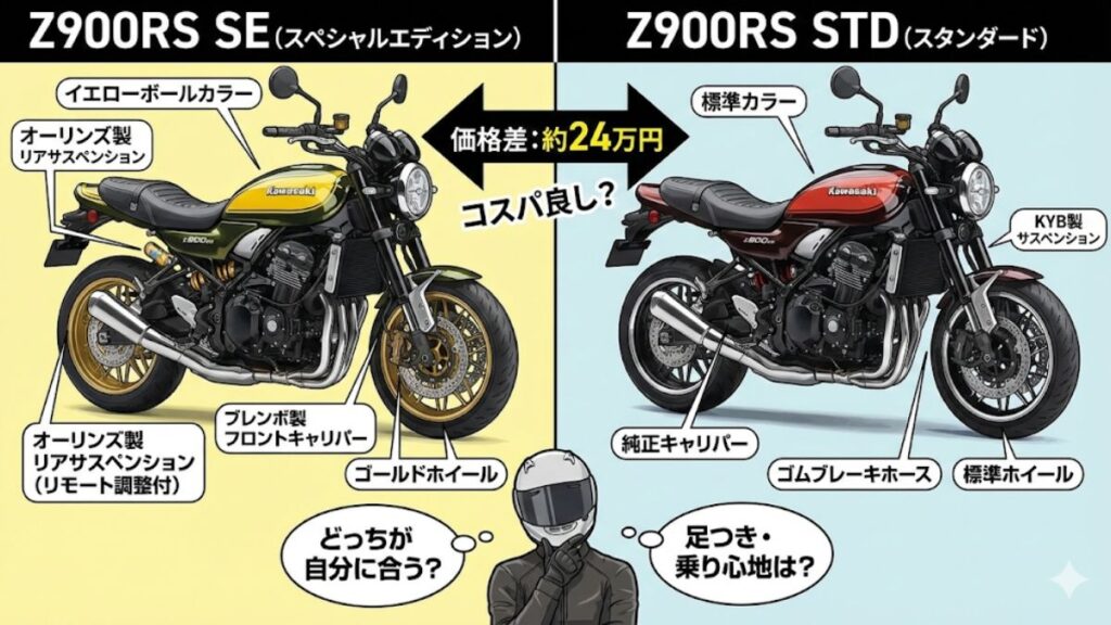 Z900RSとSEの違いは？価格や足つき装備を徹底比較