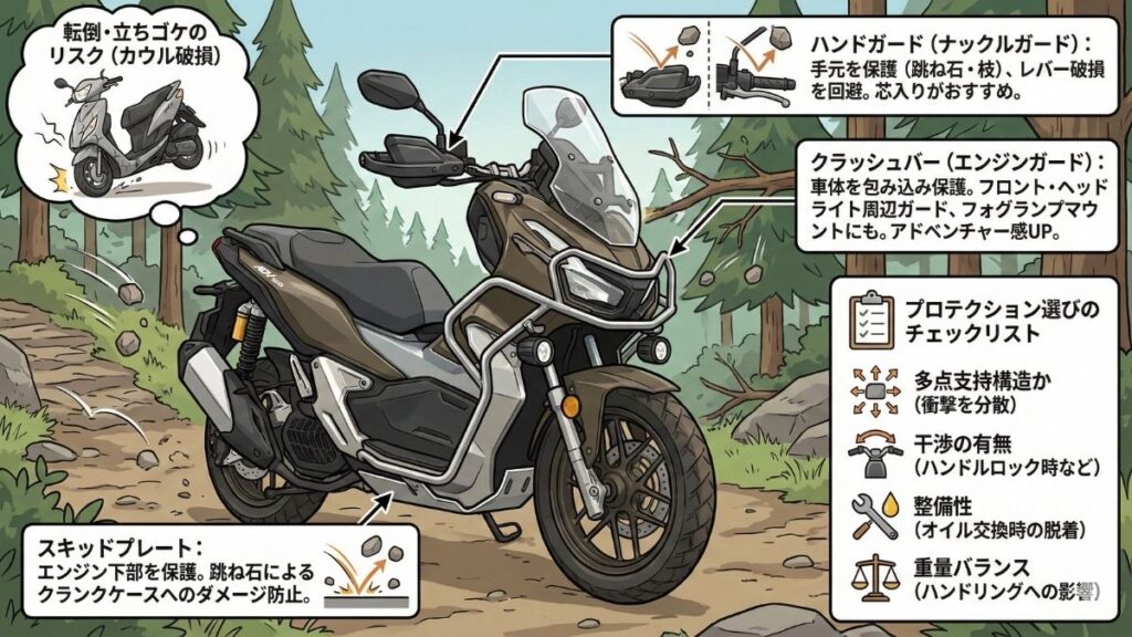 林道走行で車体を守るガード類とプロテクション