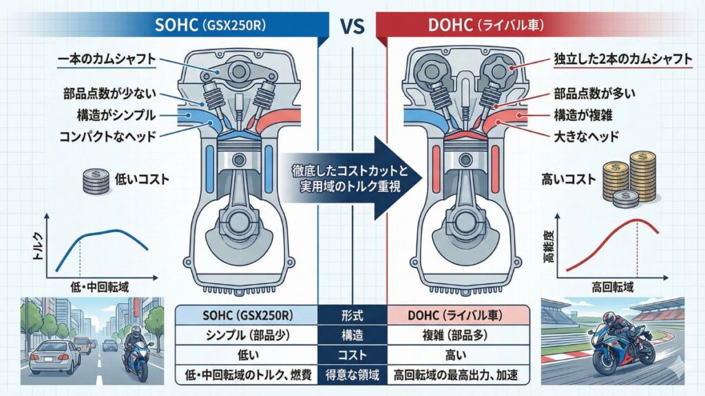 SOHC採用で馬力を抑えて製造コストを徹底カット