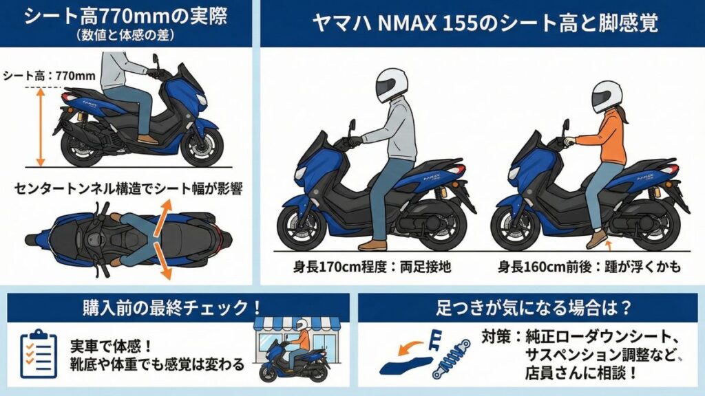 シート高770mmと足つきの良さをチェック