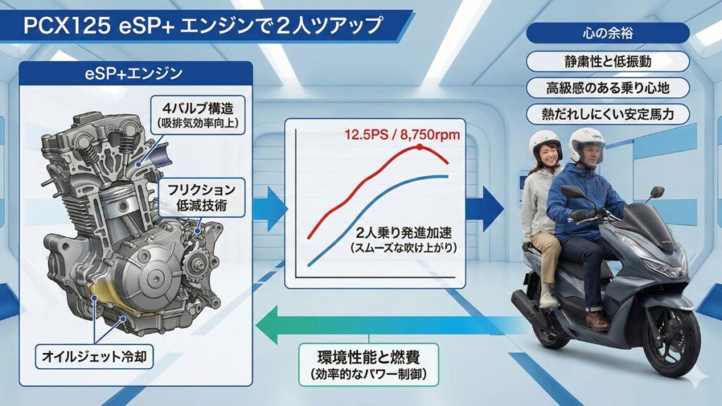 PCX125の2人乗り時の馬力と加速性能の実態