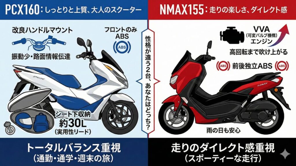 ライバル車NMAX155との性能や装備の違い