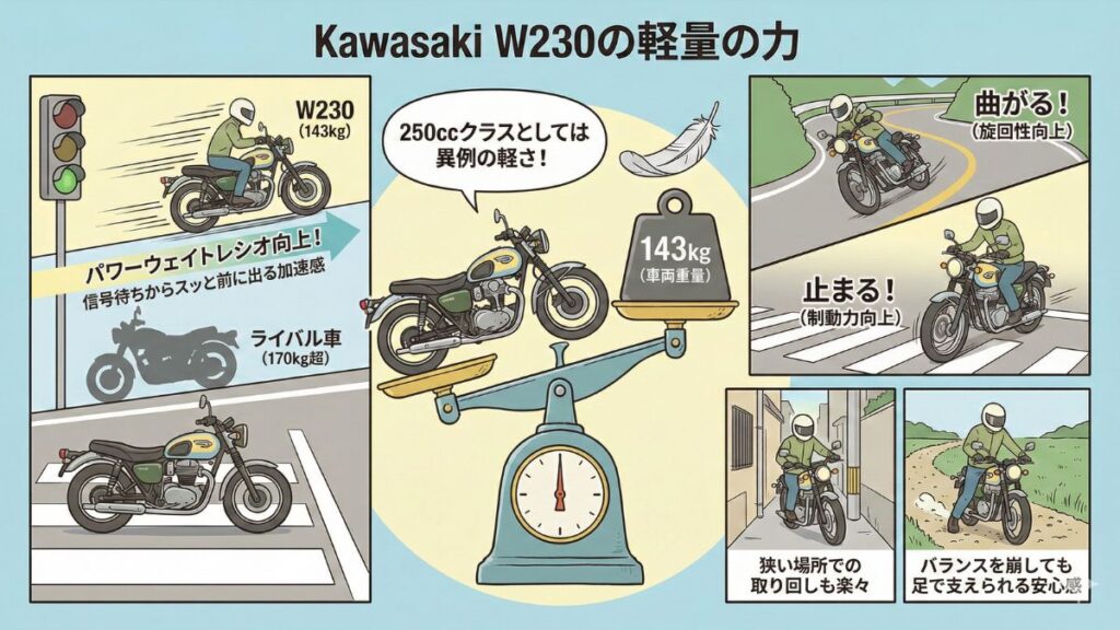 軽量143キロの車体がもたらす加速のメリット