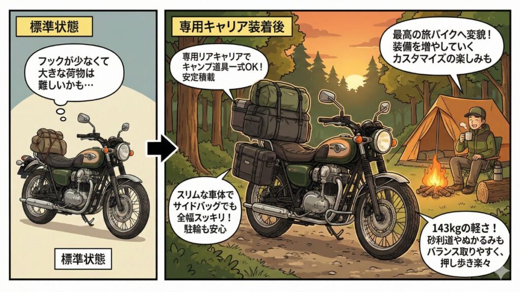 専用キャリア装着による積載性とキャンプ適性