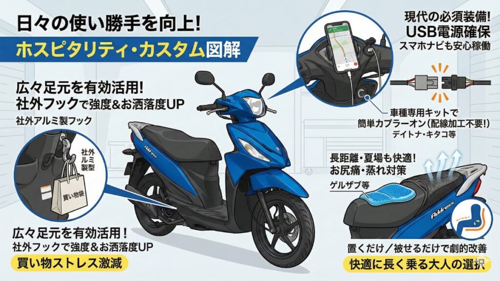 居住性を高めるシート周りやUSB電源の設置方法