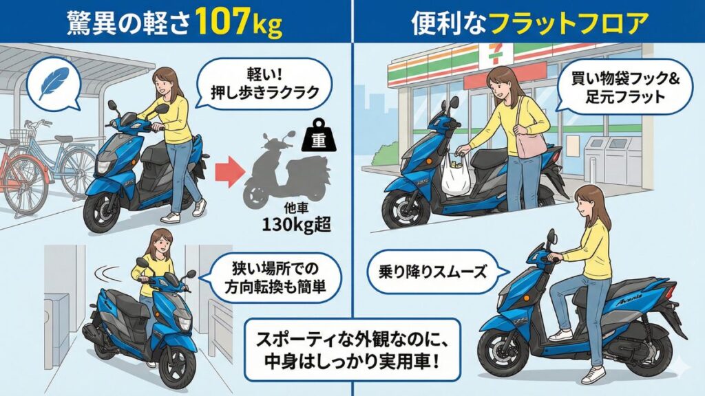 軽量な車体が生む軽快な取り回しと利便性