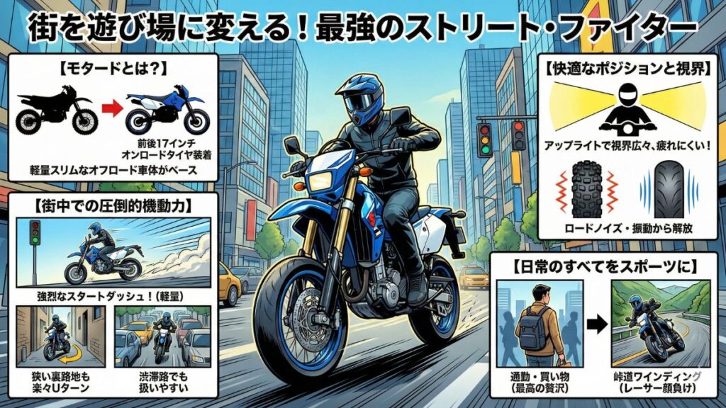 街乗りで活躍するモタード仕様の機動力