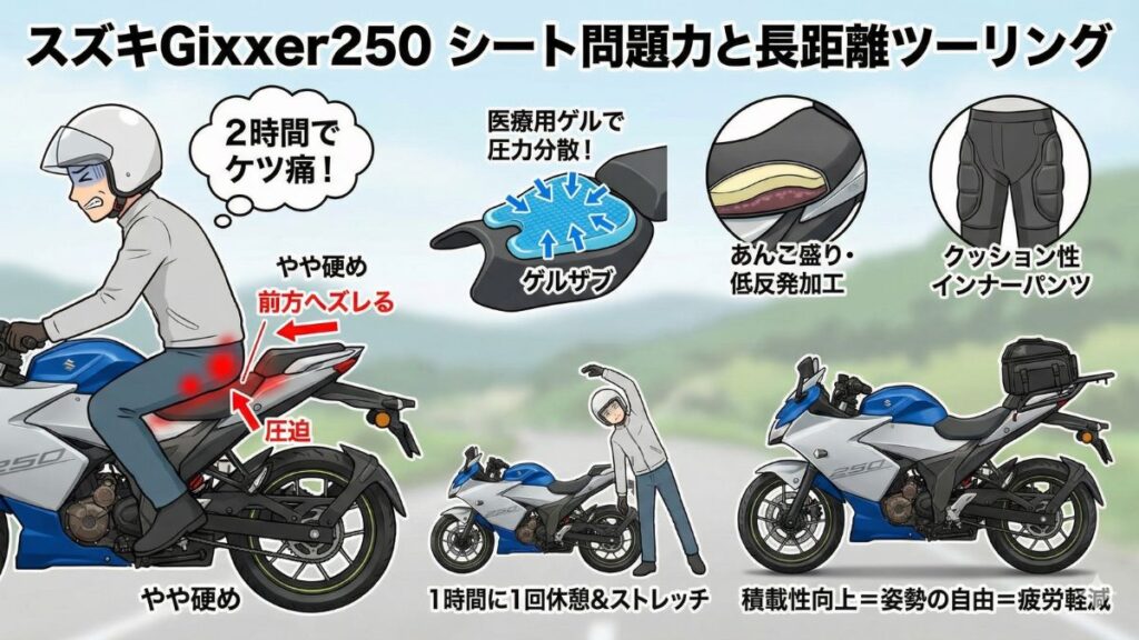 長距離ツーリングはきつい？シートのケツ痛対策