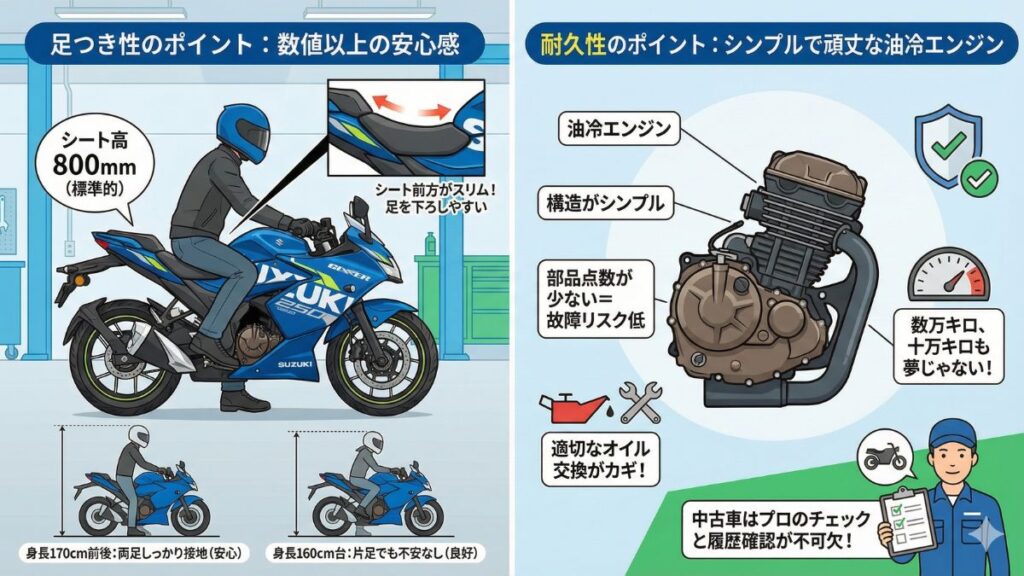 購入後に後悔しないための足つきと耐久性の確認