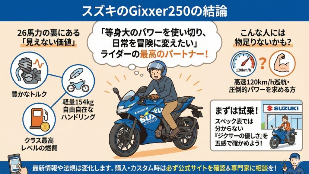 ジクサー250の最高速や馬力に関する結論とまとめ