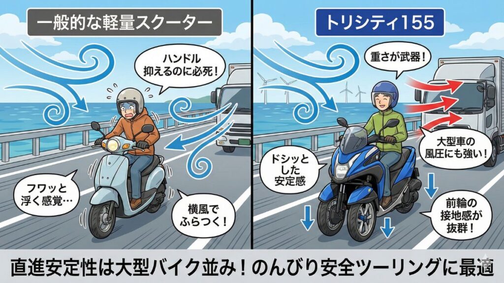 横風の影響を受けにくい長距離走行の利点