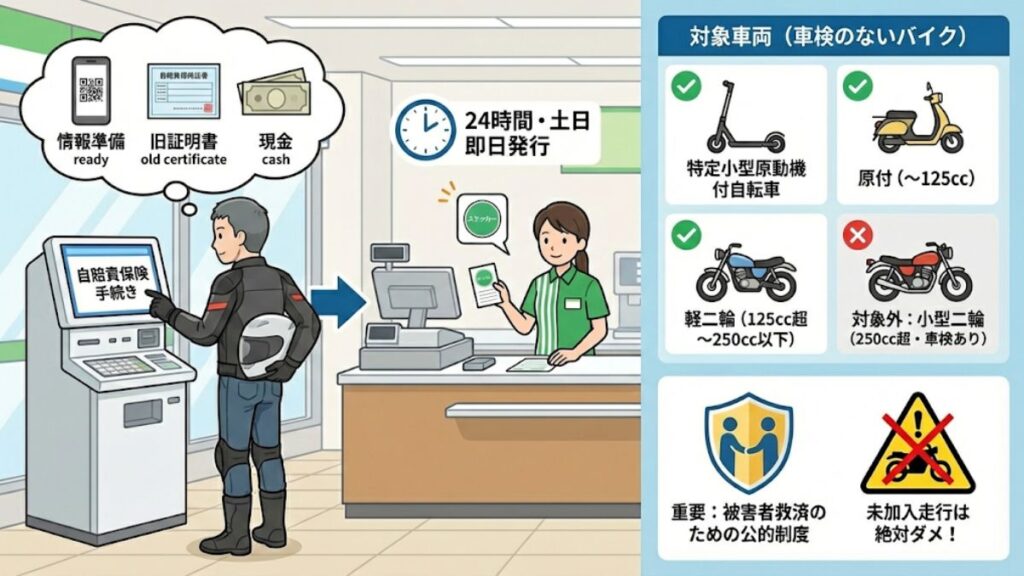 バイクの自賠責保険をコンビニで！必要なものと書類を解説