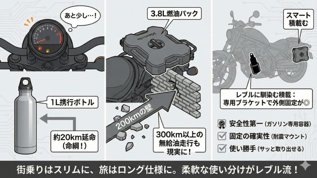 予備タンクや携行缶による積載での航続距離対策