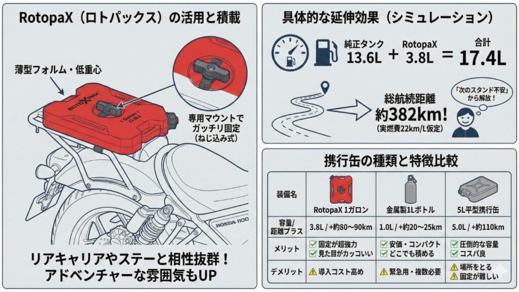 レブル1100のタンク容量アップに代わる航続距離延伸術