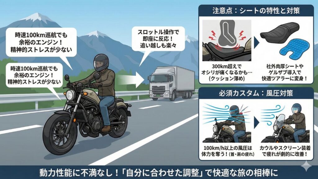 長距離の高速道路移動で試されるレブル500の性能