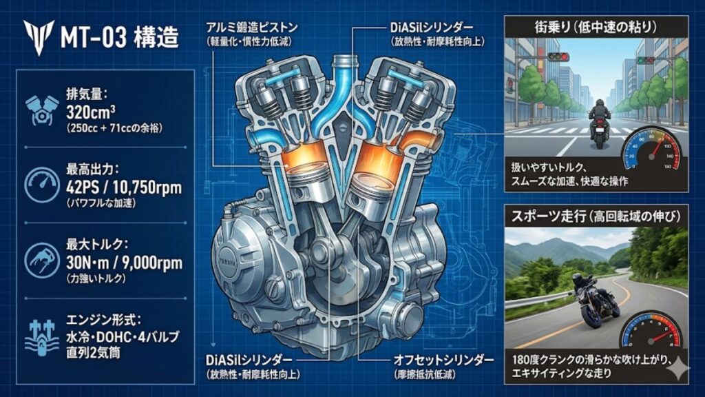 MT-03の最高速やスペックをエンジンの構造から解析