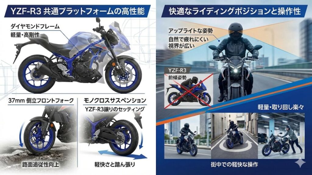 YZF-R3と共通のプラットフォームによる走行性能