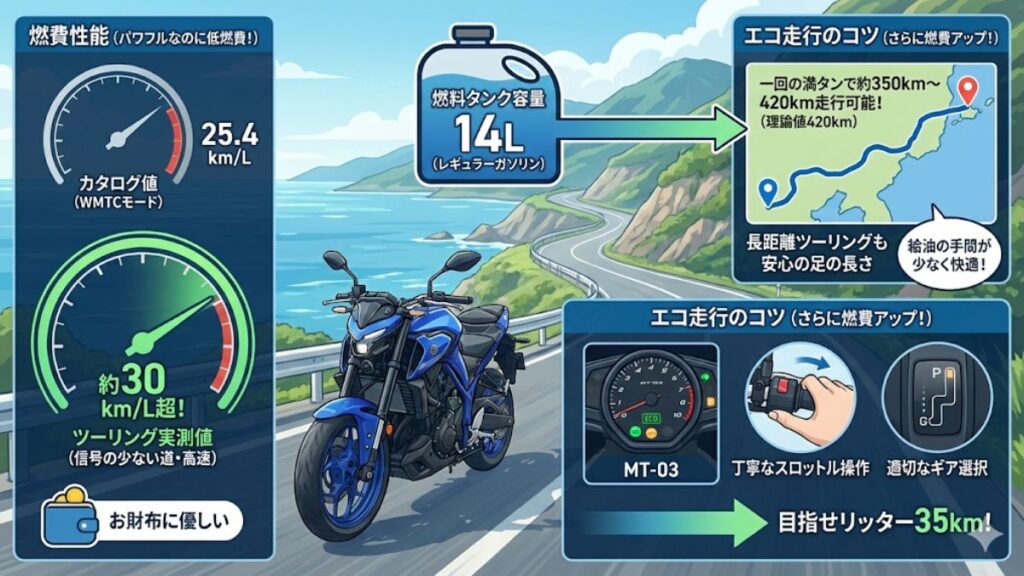 ツーリングでの実燃費と14Lタンクの航続距離を検証
