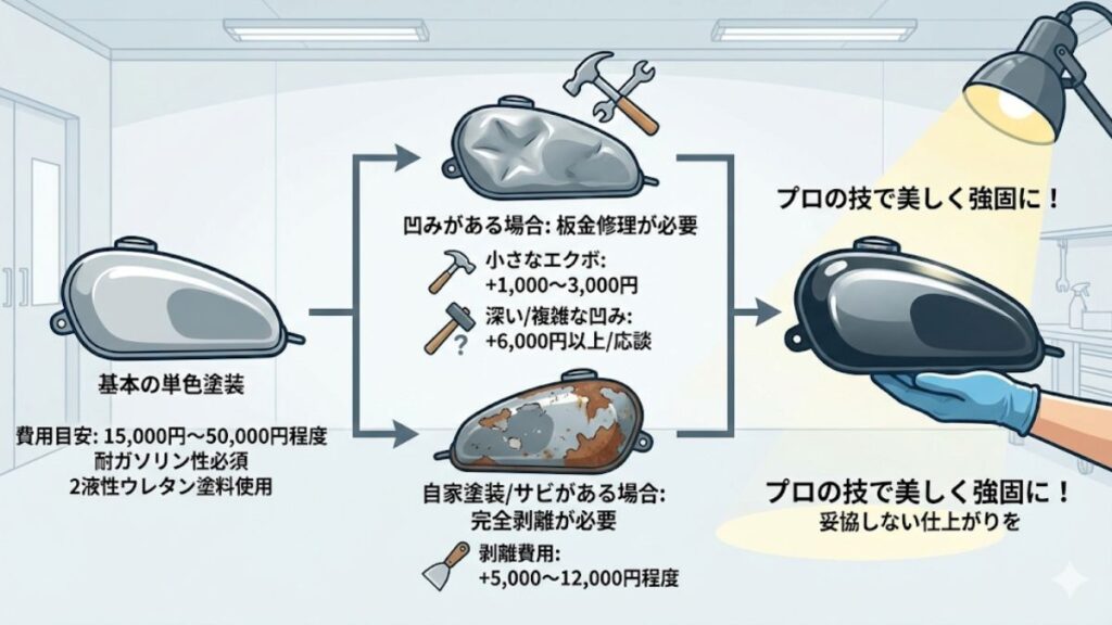 ガソリンタンク塗装の値段と凹み修理の費用
