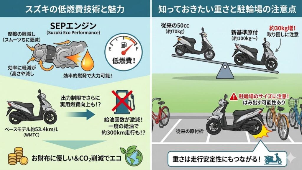 低燃費を誇る新基準原付のスズキの燃費性能と魅力