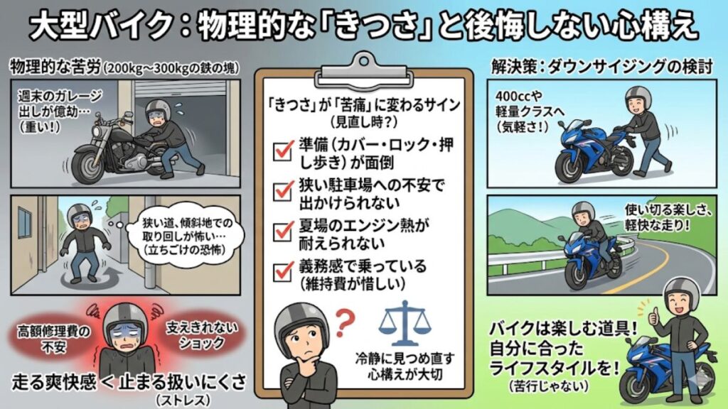 取り回しの苦労や車体の重さで後悔しないための心構え