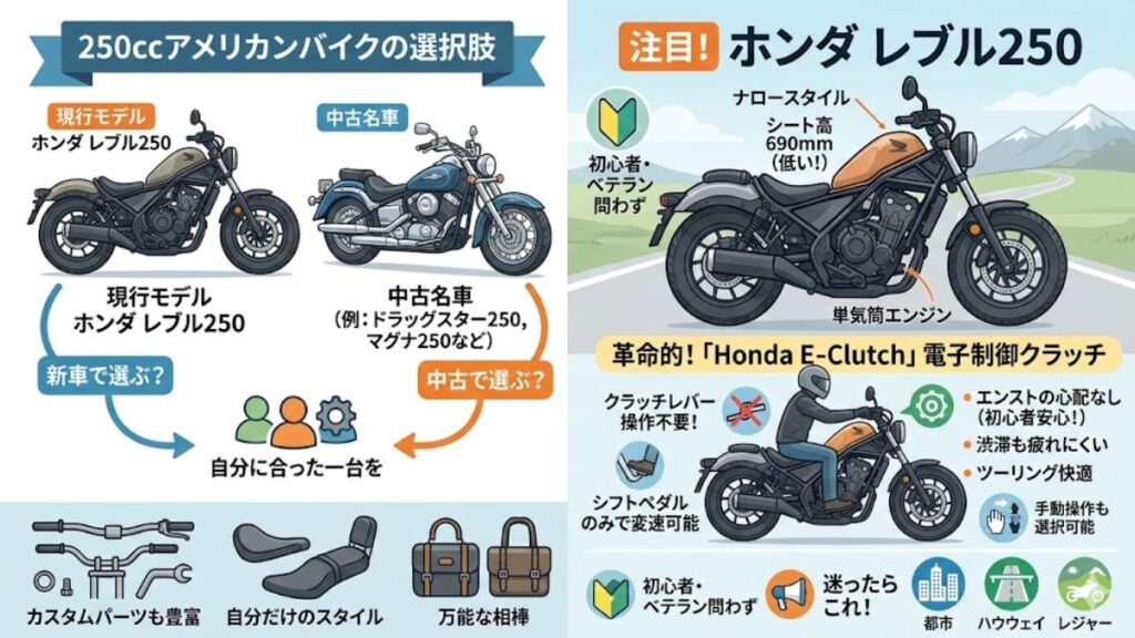 250ccアメリカンバイクの現行モデルと中古名車