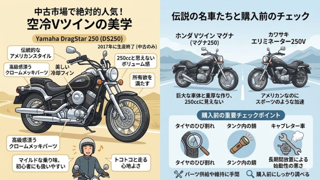 ドラッグスター250など中古市場で人気のVツイン車
