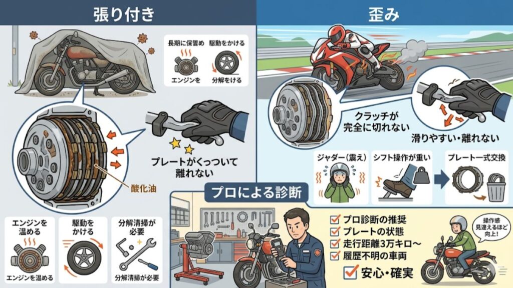 クラッチプレートの張り付きや歪みの診断方法