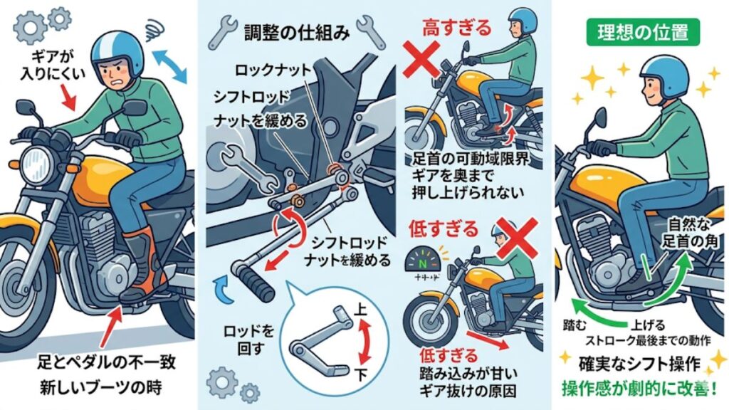 シフトペダルの位置を調整して操作感を改善